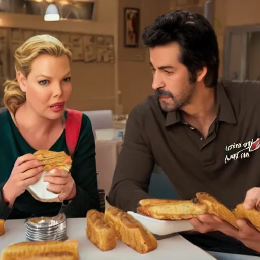 Image similar to catherine heigl and tenth is khan eating sandwiches at a diner, ultrarealistic, photorealistic, 8 k, ultra hd