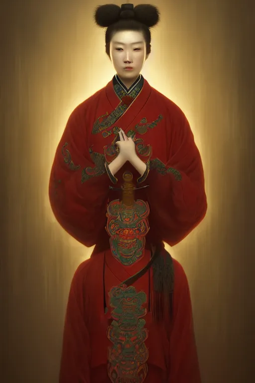 Image similar to a demonic horrific chinese portrait of the mods of stable diffusion, white eyes, bored, illustration, soft lighting, soft details, painting oil on canvas by edmund blair leighton and charlie bowater octane render, hdr, trending on artstation, 4 k, 8 k, hd