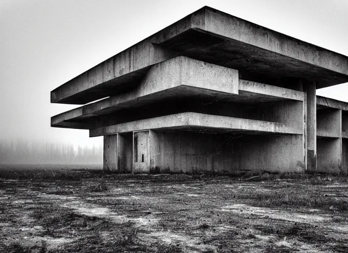 Prompt: High resolution black and white photograph with a 35mm F/22.0 lens of a Brutalist architectural building alone in the middle of a Russian wasteland in the 1980s in the middle of nowhere while foggy. Highly detailed Realistic, Refined, Highly Detailed, fine art fashion photography