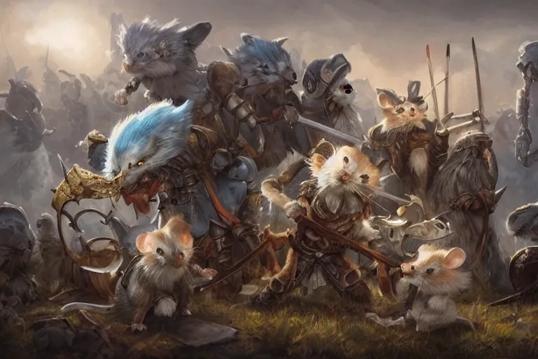 Prompt: dungeons and dragons fantasy painting, close order phalanx of mice spartans, 3 0 0, whimsical and cute, determined expressions, watery blue eyes, anime inspired, white fur, tufty whiskers, steel blades, dawn lighting, at thermopolae by brain froud jessica rossier and greg rutkowski