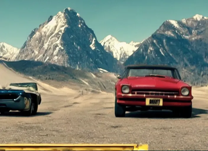 Image similar to a very high resolution image from a new movie, eminem driving a car. mountains, directed by wes anderson