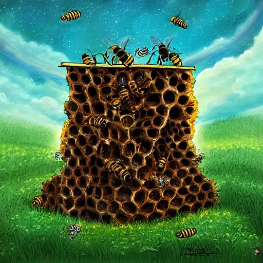 Prompt: a bee hive that is also a portal to the Splinterlands game, digital art