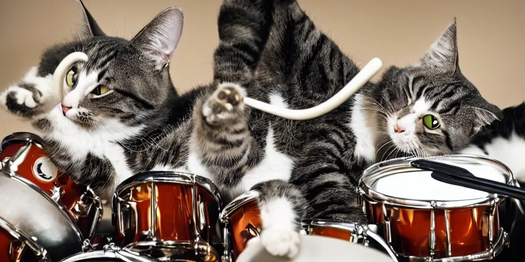 Prompt: a photo of a cat playing drums ironically and funny