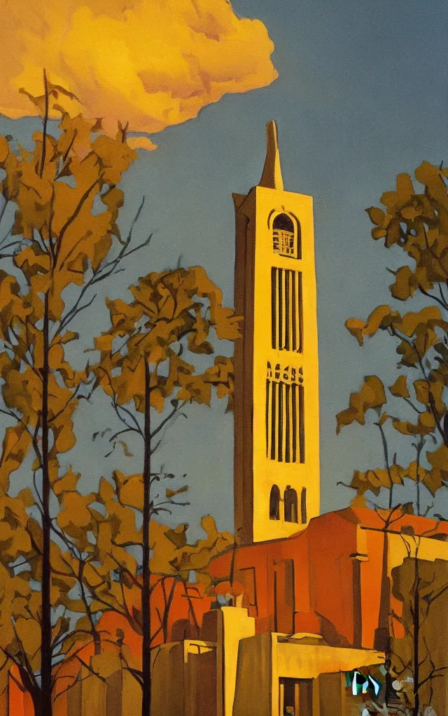 Prompt: a painting of Coughlin Campanile in Brookings South Dakota, golden hour, an art deco painting by Grant Wood, featured on behance, american scene painting, movie poster, poster art, concert poster