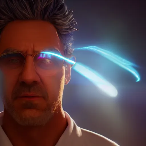 Image similar to portrait of rick sanchez, lab coat, lens flare, atmosphere, glow, detailed, intricate, full of colour, cinematic lighting, trending on artstation, 4 k, hyperrealistic, focused, extreme details, unreal engine 5, cinematic, masterpiece