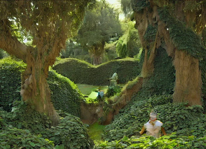 Prompt: jim henson's labyrinth. hedge maze. a green and luscious expanse of ivy - strewn trellises and thick green hedges stretches out in front of you. by edgar maxence and caravaggio and michael whelan and delacroix style, artistic, intricate painting, cinematic lighting, hyper realistic, extremely detailed, vivid colors, establishing shot, dramatic lighting