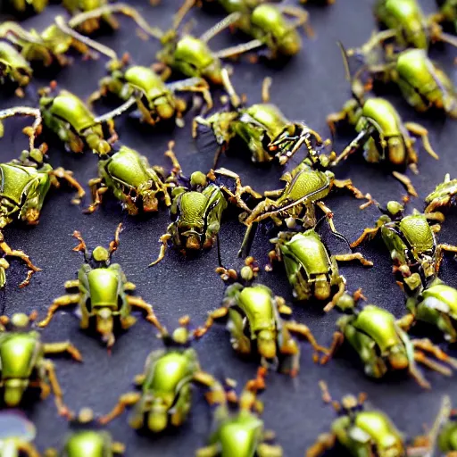 Prompt: army of army of tiny insectoid metallic robots eating a apple