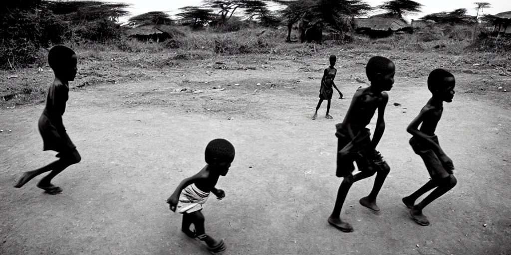 Image similar to kenyan village, black kids playing football, film photography, exposed b & w photography, christopher morris photography, bruce davidson photography, peter marlow photography