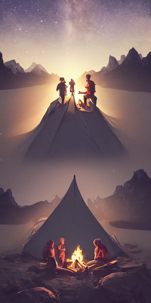 Prompt: symmetry!! they are tent camping by the campfire under a sky full of stars, surreal landscape, golden hour, very detailed, perfect composition, perfect lighting, 4 k, trending on artstation, greg rutkowski, derek zabrocki, artgerm, chuck close, ruan jia, makoto shinkai, wlop