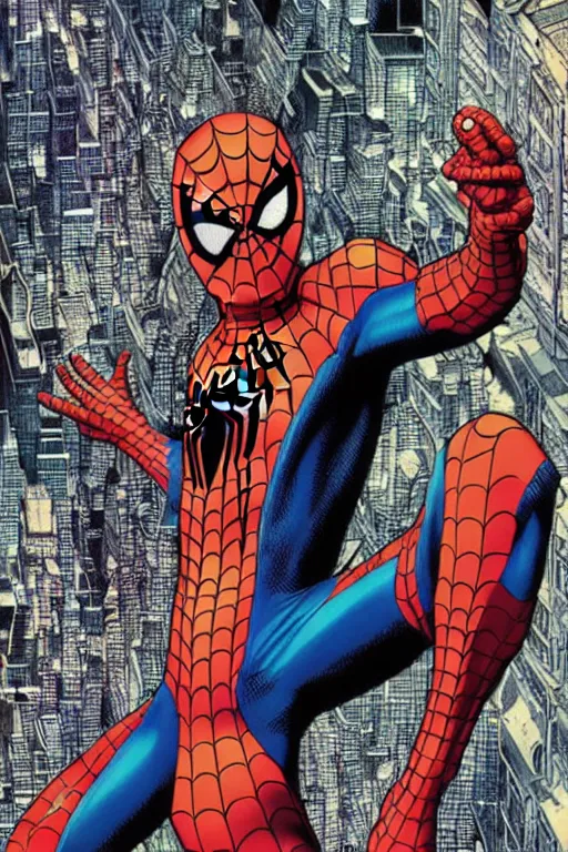 Image similar to tobey maguire in a spider - man suit, by yoichi hatakenaka, masamune shirow, josan gonzales and dan mumford, ayami kojima, takato yamamoto, barclay shaw, karol bak, yukito kishiro, highly detailed