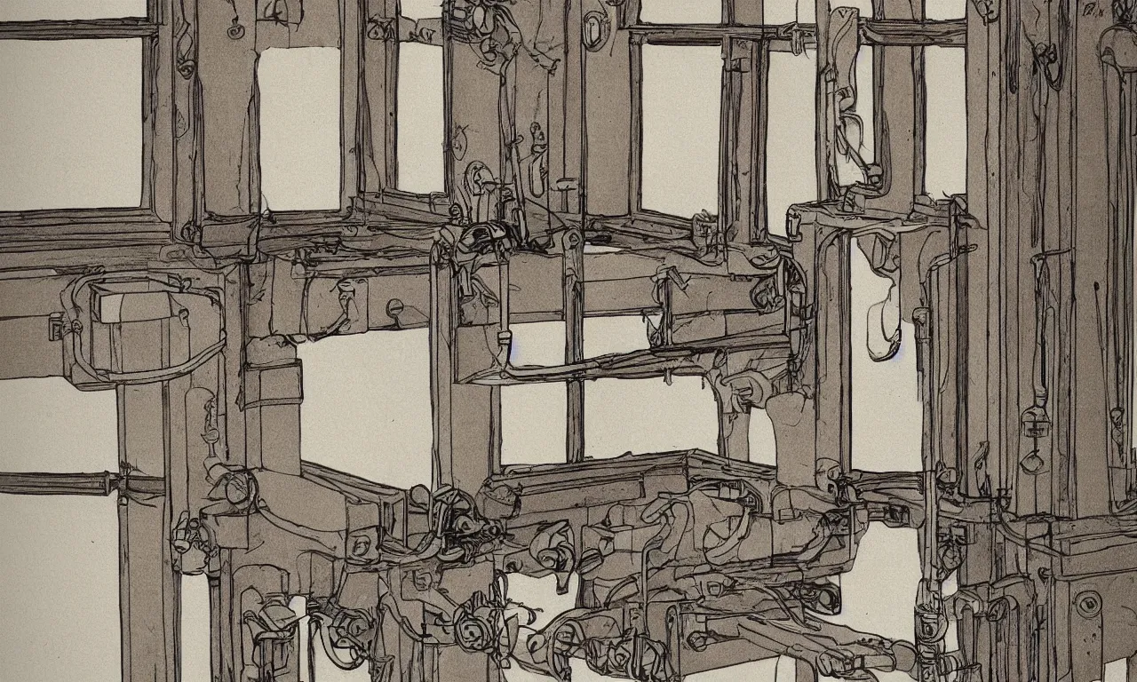 Image similar to intrinsic blueprint of an english sash window, with steampunk elements, descriptions