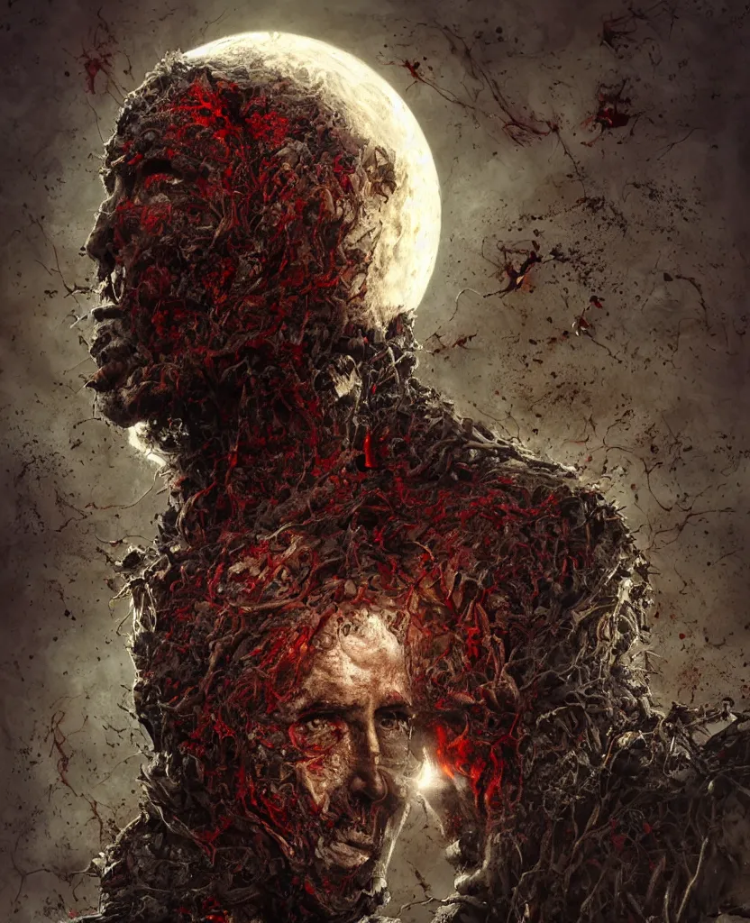 Image similar to moon made from thousands of rotten demonic bloody corpses of Nicolas Cage, body horror, flesh, blood, grotesque hell, highly detailed, vivid colors, dark shadows, contrast, concept art, sharp focus, digital art, Hyper-realistic, 4K, Unreal Engine, Highly Detailed, Dramatic Lighting, Beautiful, by Brom, bastien lecouffe-deharme