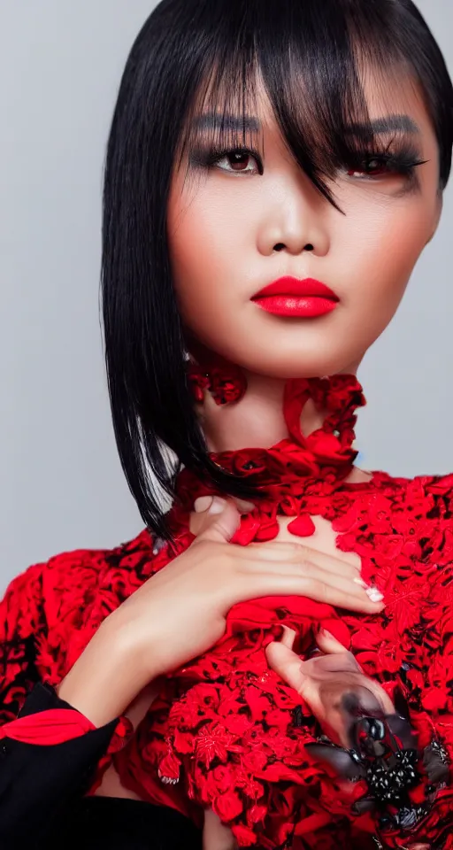 Image similar to close up fashion model portrait asian woman, black and red, elegant