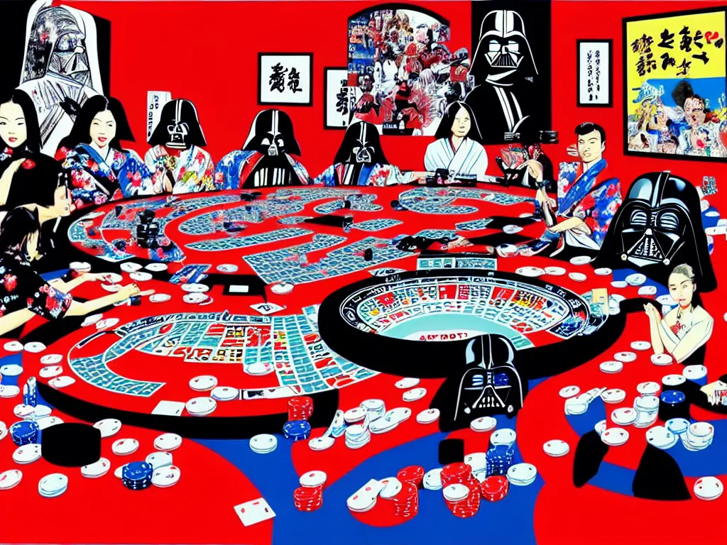 Image similar to hyper - realistic composition of a large room with an extremely detailed poker table in the center, woman in traditional japanese kimono standing nearby, darth vader sitting at the table, fireworks in the background, pop art style, jackie tsai style, andy warhol style, acrylic on canvas, dull palette