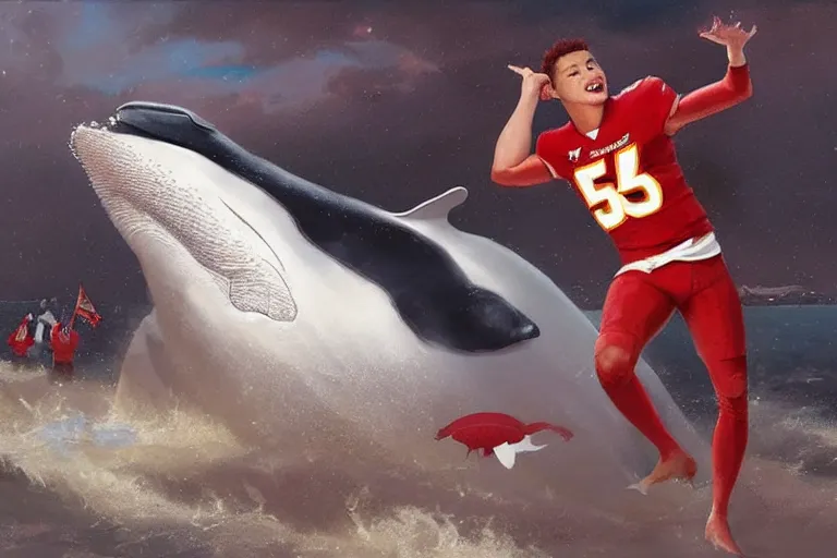 Image similar to a whale who loves patrick mahomes and the nfl, by greg rutkowski, rossdraws, gil elvgren, enoch bolles, anime, very coherent
