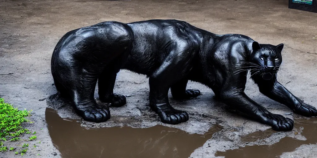 Image similar to the smooth black panther, made of smooth black goo, bating in tar in the zoo exhibit, viscous, sticky, full of tar, covered with black goo. photography, dslr, reflections, black goo, zoo, exhibit