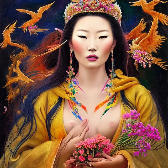 Prompt: beautiful portrait of a mongolian queen goddess in a sensual pose covered with flowers, princess spreading it's wings like an angel, sexy face with full makeup, intricate, volumetric lighting, beautiful, rich deep colours masterpiece, sharp focus, ultra detailed, in the art style of bowater, charlie, brom, gerald, with lake baikal in the background