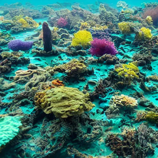 Prompt: Photograph of a gigantic city underwater, photo-realistic, colorful, seaweed, dark, smog, complex,