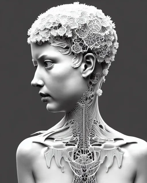 Image similar to dreamy soft bw 3 d render, beautiful angelic biomechanical albino girl cyborg with a porcelain profile face, rim light, big leaves and stems, roots, fine foliage lace, alexander mcqueen, art nouveau fashion embroidered collar, steampunk, silver filigree details, hexagonal mesh wire, mandelbrot fractal, elegant, artstation trending