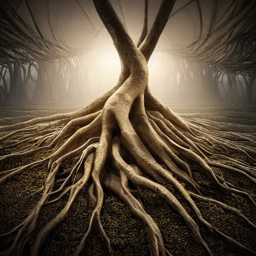 Image similar to full body pose, hyperrealistic photograph of roots of a tree made of bodies, dim volumetric lighting, 8 k, octane beautifully detailed render, extremely hyper detailed, intricate, epic composition, cinematic lighting, masterpiece, trending on artstation, very very detailed, stunning, hdr, smooth, sharp focus, high resolution, award, winning photo, dslr, 5 0 mm