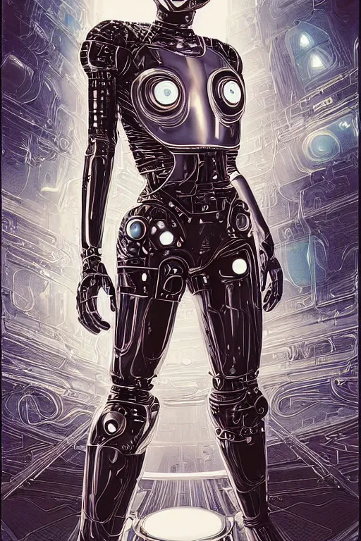 Image similar to retro-futuristic portrait of a beautiful blind female android in old chrome armour with cables and wires, laying in white liquid, ornate background, rim light, ornate pattern, glowing eyes, evil expression, high details, intricate details, renaissance painting by vincent di fate, artgerm julie bell beeple, 80s, Smooth gradients, High contrast, depth of field, very coherent symmetrical artwork