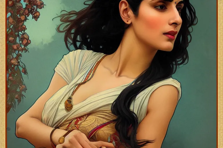 Image similar to sensual pale beautiful indian doctor in jeans, art deco portrait, elegant, intricate, digital painting, artstation, concept art, smooth, sharp focus, illustration, art by artgerm and greg rutkowski and alphonse mucha