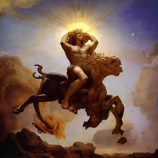 Image similar to Tragic Portrait of Phaethon the Demigod losing control of the chariot chariot that is the sun careening through the zodiac filled stratosphere Ilya Repin Michelangelo Buonarotti Leonardo Da Vinci rodin greg rutkowski james gurney tombow masterpiece fresco quadratura Trompe-lœil