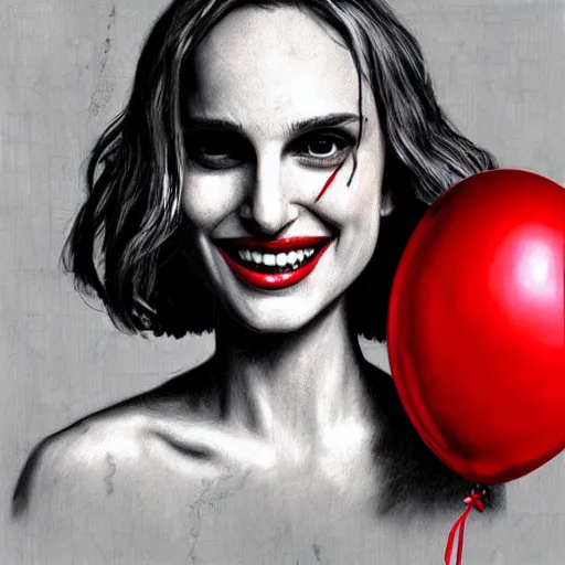 Image similar to surrealism grunge cartoon portrait sketch of natalie portman with a wide smile and a red balloon by - michael karcz, loony toons style, freddy krueger style, horror theme, detailed, elegant, intricate