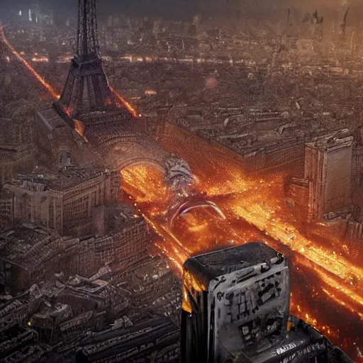 Image similar to A beautiful intricate 8K award-winning ground-level cinematic movie photograph of the future rusting rubble of the fallen and decimated Eiffel Tower, lying in pieces on the ground, surrounded by neon and collapsing corporate video billboard displays. in the year 2050, by Bruno Delbonnel and greg rutkowski. octane render, Arri Alexa 65. Cinematic lighting