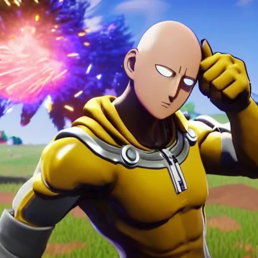 Image similar to one punch man in fortnite, character render, full body shot, highly detailed, in game render