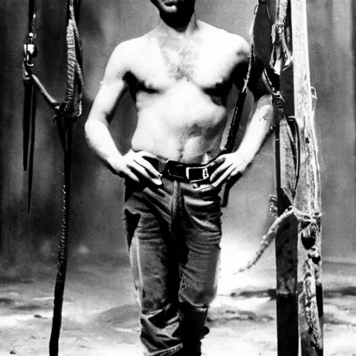 Image similar to zoomed out portrait of young Indiana Jones, 1980, rugged, ripped clothes holding whip, Tran, Ross