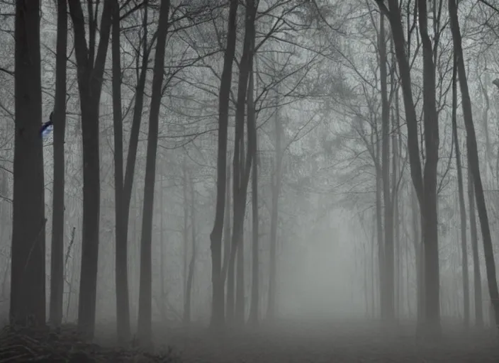 Image similar to scp - 0 9 6 hiding in a dark scary forest at night, fog, dark, scary, horror, creepy