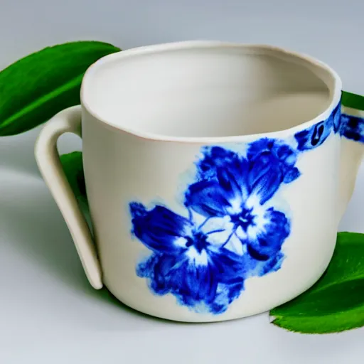 Image similar to clay mug on a white table surrounded by elegant blue and white flowers and green leaves, bright white realistic, up close shot, white background, zen, light, modern minimalist, clean f 2 0