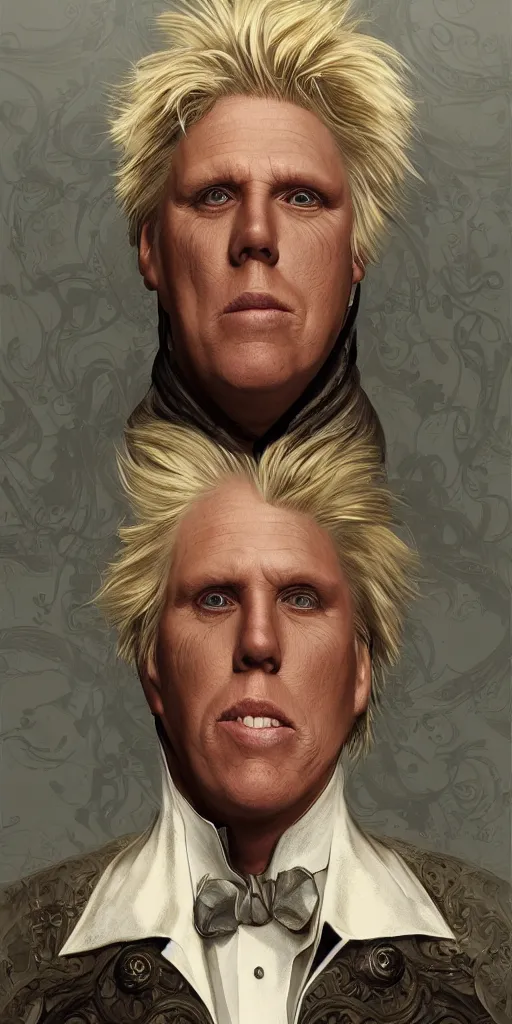 Prompt: portrait of Gary Busey, elegant, intricate, steampunk, full frontal shot, highly detailed, digital painting, artstation, concept art, sharp focus, illustration, art by artgerm and H.R. Giger