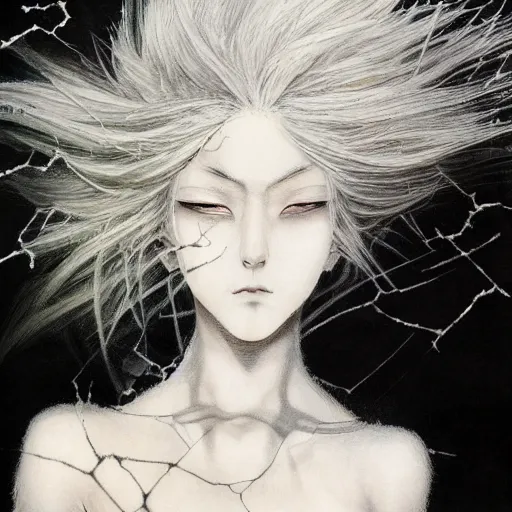 Image similar to Yoshitaka Amano realistic illustration of an anime girl with white hair and cracks on her face wearing dress suit with tie fluttering in the wind, abstract black and white patterns on the background, noisy film grain effect, highly detailed, Renaissance oil painting, weird portrait angle