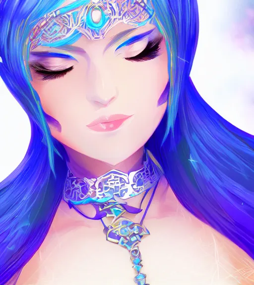 Prompt: the sorceress of blue diamonds, close - up, pixiv, trending on artstation, vector, anime, hdr