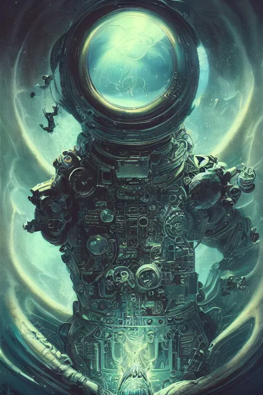 Prompt: close up shot of an astronaut portrait fading into the aether, water elemental, james gurney, peter mohrbacher, mike mignola, black paper, mandelbulb fractal, trending on artstation, exquisite detail perfect, hyper detailed, intricate ink illustration, black background