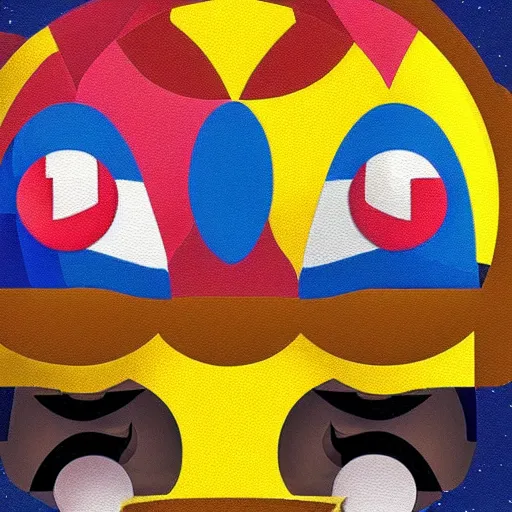 Prompt: somber super mario bros by emma geary. a assemblage of a suit. the man's eyes are closed & he has a serene, content look on his face. his arms are crossed in front of him & is floating in space. background is swirling with geometric shapes & patterns.