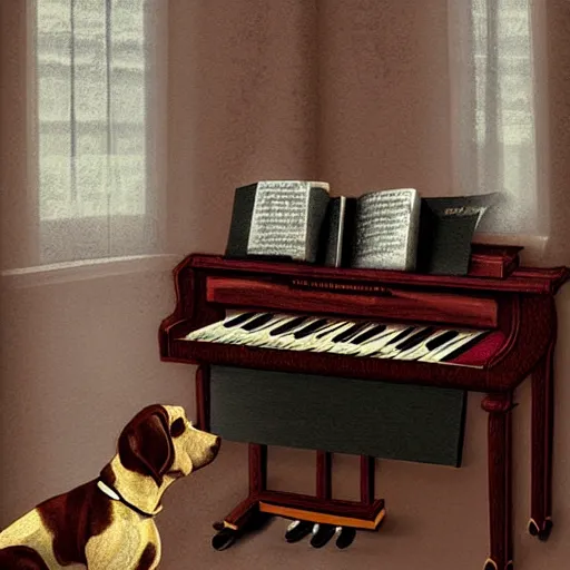 Prompt: a dog playing piano, digital art
