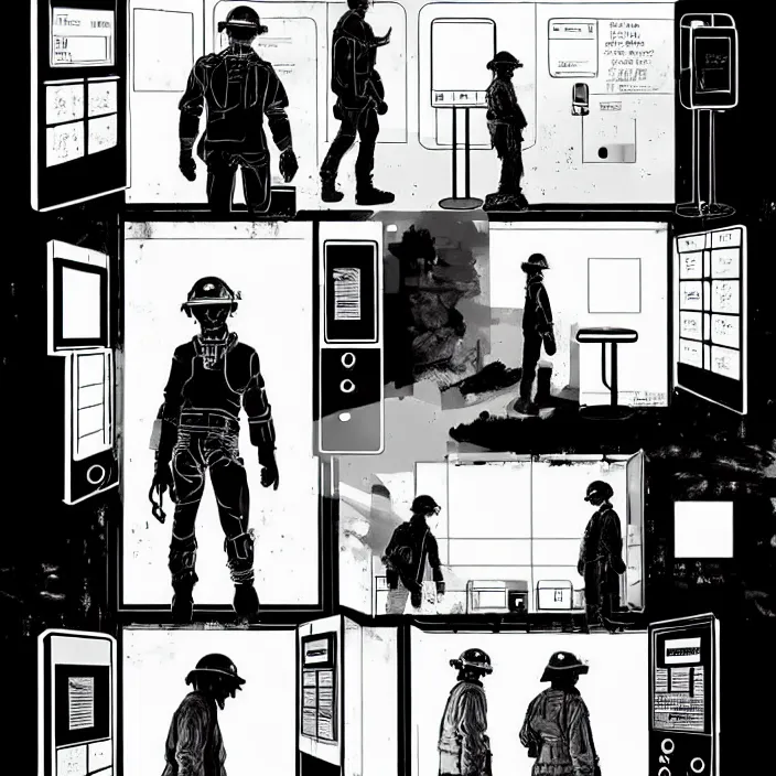 Image similar to sadie sink as a miner in a minimalist automated kiosk with options to choose from. storyboard, scifi cyberpunk. by gabriel hardman, joe alves, chris bonura. cinematic atmosphere, detailed and intricate, perfect anatomy
