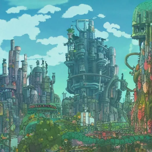 Image similar to future city covered by forest creature, flying, culture, smooth, howl's moving castle, by studio ghibli, 4 k