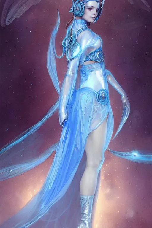 Image similar to beautiful woman wearing blue transparent clothes, glowing eyes, silver headband, blue glowing diamond in the hands, high elf priestess, sci-fi, fantasy, intricate, very very beautiful, elegant, highly detailed, digital painting, artstation, concept art, smooth, sharp focus, illustration, art by artgerm and greg rutkowski and alphonse mucha