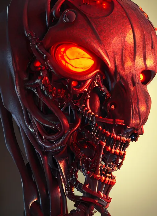 Image similar to a portrait up of a creepy looking biomechanical demon head, gigeresque cyberpunk art by ikuo hirayama, photorealism, octane render, behance hd, polycount, glowing fire background