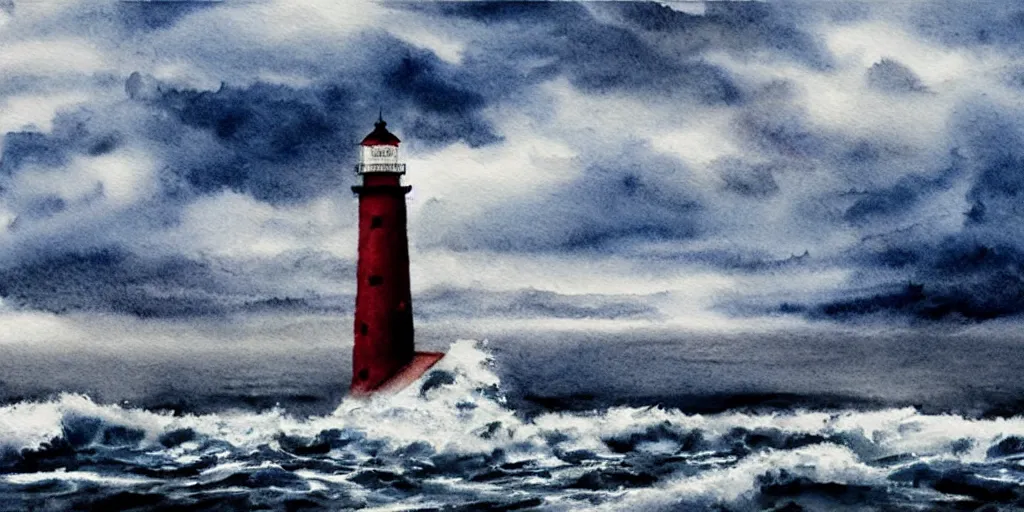 Image similar to stormy sea and dramatic sky, a lighthouse on a cliff, watercolor, artstation, realistic, moody