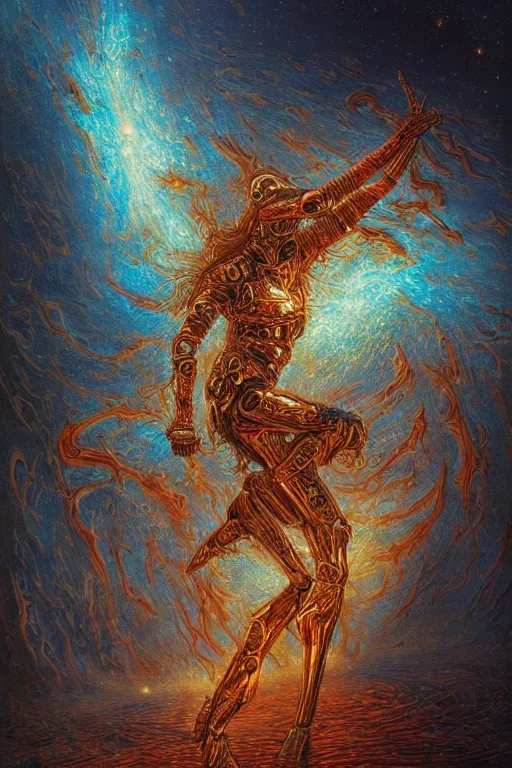 Image similar to a fire biomechanical dancer by artgem and les edwards, gustave dore, highly detailed, high contrast, light reflection, trippy, nebula, trending on artstation