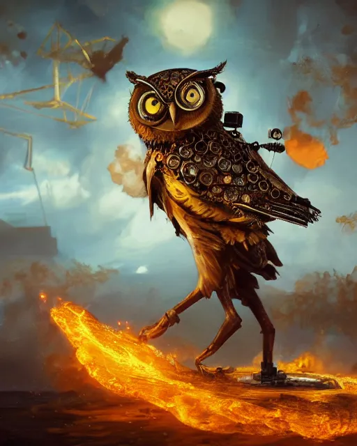 Image similar to oil painting of Anthropomorphized Steampunk Owl shooting steampunk gun, sharp focus, exploding golden steampunk city background, full body, heroic pose, fantasy style, octane render, volumetric lighting, 8k high definition, by greg rutkowski, highly detailed, trending on art Station, magic the gathering artwork, centered, dramatic artwork