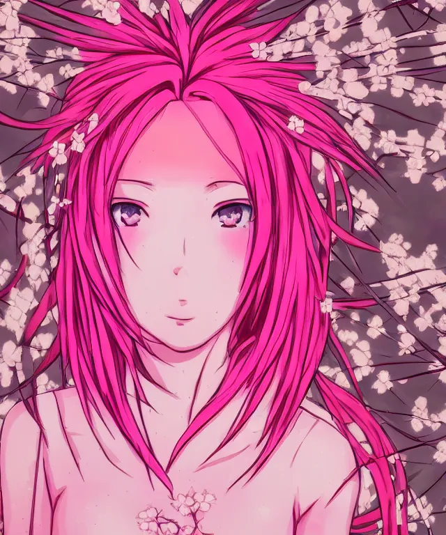 Image similar to detailed portrait of an anime girl with pink hair pink flames, perfectly shaded, delicate features, cherry blossoms, neo tokyo, perfectly symmetrical