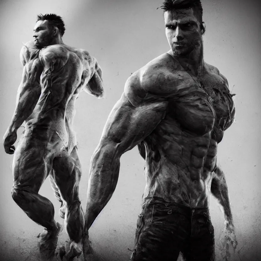 Image similar to a single muscular man wearing torn clothes, looking to the right, profile picture, hyperrealistic, concept art, octane render, unreal engine 5, trending on artstation, high quality, highly detailed, 8 k, dramatic lighting, cinematic, high coherence, anatomically correct, five fingers, digital art, seductive, black and white