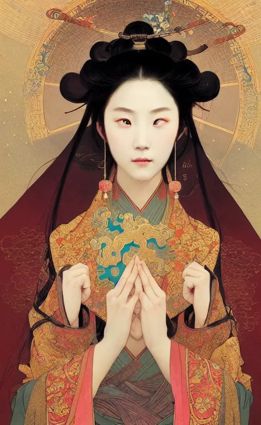 Prompt: ancient chinese beauties with big eyes highly detailed, digital painting, artstation, concept art, sharp focus, illustration, art by greg rutkowski and alphonse mucha and victo ngai