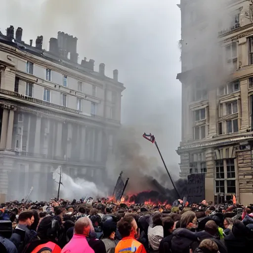 Image similar to a strong british protesters in london the weather is raining some of the protesters are burning down building